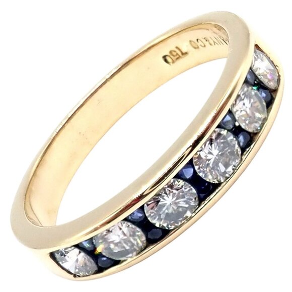 Authentic! Tiffany & Co 18k Yellow Gold 1.20ctw Diamond Sapphire Band Ring sz 5 - Picture 1 of 12